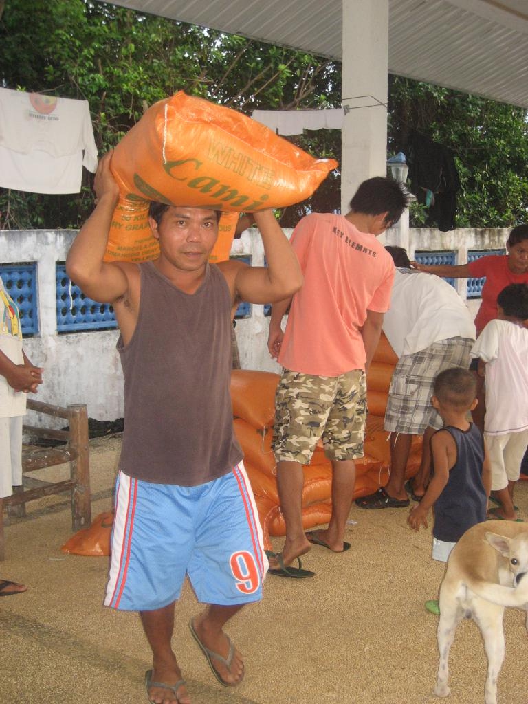 Les papas récupèrent les sacs de riz